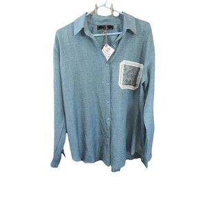 Tia Button Up Shirt Patchwork Embroidered  Appliqués XL NEW Teal Long Sleeve